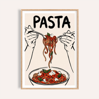 Framed Pasta Art Print of spaghetti with tomato sauce and basil leaves in a minimalist style