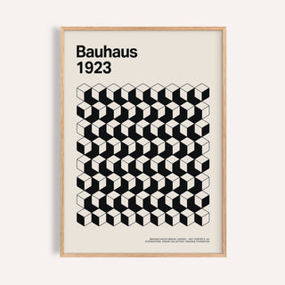Framed print close-up of Bauhaus Design with black and white cubes and Bauhaus 1923 text