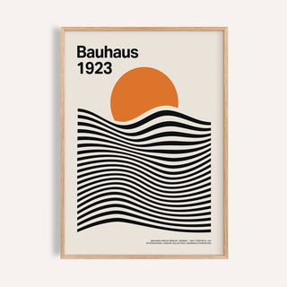 Framed print close-up of Bauhaus Gallery Wall Art with orange sun and black wavy lines on cream