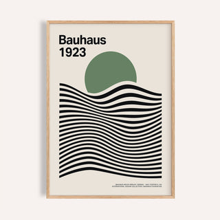 Framed Sage Green Print with green circle and black wavy lines in Bauhaus style