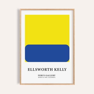 Minimalist Artwork framed close-up with blue rounded rectangle on yellow square and white text below