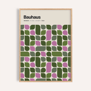 Framed Bauhaus Exhibition 1923 print with green and purple geometric leaf pattern on cream background