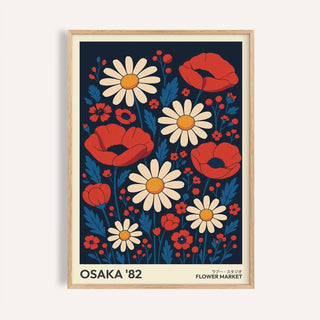 Framed print close-up of retro flowers art print with red poppies and cream daisies on navy background