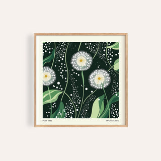 Green wall decor of dandelion seed heads with green leaves in wooden frame