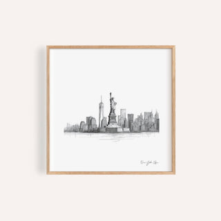 Framed Statue of Liberty print minimalist line-art in black and white with city skyline