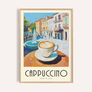 Close-up of watercolor kitchen art of a cappuccino cup with a creamy heart design on a saucer