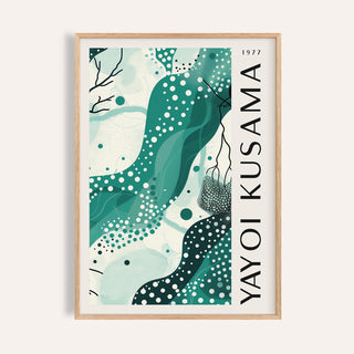Black White and Green Poster of abstract aqua shapes in a natural wood frame