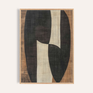 Framed close-up of Zen wall art with abstract black and brown organic shapes on textured beige background