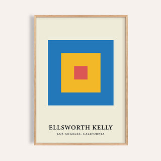 Minimalist Art framed print of blue, yellow and red concentric blocks with text below