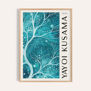 Teal Color Wall Art of abstract branches in teal and white framed in wood