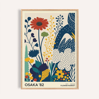Poster Flowers framed print of stylised flowers bouquet in bold red yellow and blue tones