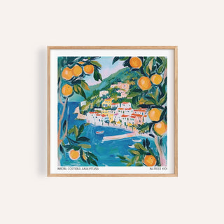 Amalfi wall art with a blue sea and orange trees in a watercolour style