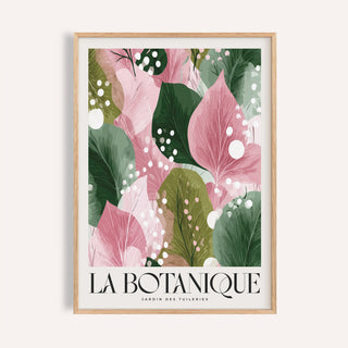 Floral Abstract Print framed print with pink and green abstract leaves and text below