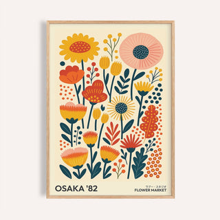 Wall Art Flowers framed print close-up of stylised flowers in mustard yellow and coral with text on cream background