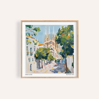 Framed close-up of Barcelona Boulevard Poster with Sagrada Familia and green trees illustration