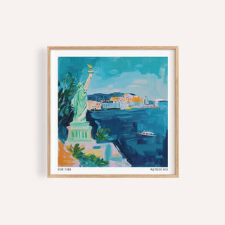 Framed Holiday Posters showing watercolour illustration of statue of liberty and harbour in blue and green shades