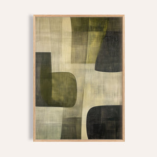 Framed Abstract Art Print of abstract green and beige shapes with fine grid texture