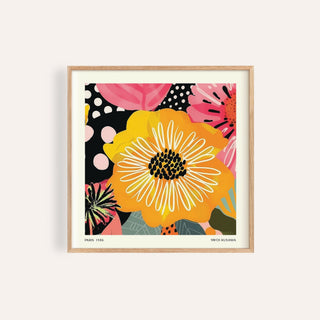 Framed Flower Posters artwork of a yellow flower with pink and black abstract petals