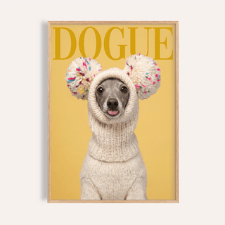 Funny Dog Wall Art close-up of a greyhound dog in a cream knit hat with pom poms on a mustard background