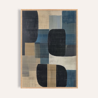 Abstract art prints for sale showing abstract geometric shapes in blue, beige and black tones