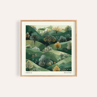 Framed print of large nature wall art with green hills and trees in a minimalist botanical style