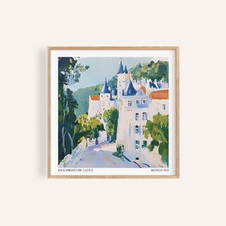 Framed print close-up of a watercolour medieval castle art with blue roofs and green foliage