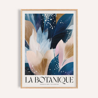 Framed La Botanique Print of abstract floral leaves in blue and brown tones