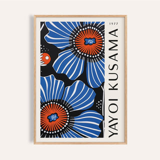 Framed Blue Floral Home Decor print with blue and orange poppy flowers and black background