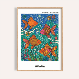 Framed fish poster with orange and pink goldfish illustration in a beige frame