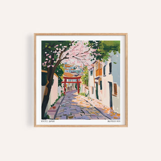 Cherry blossom Kyoto Japan Art print with red torii gate for bedroom decor