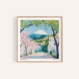 Framed Japan poster of Mount Fuji with pink cherry blossoms in a contemporary watercolour style