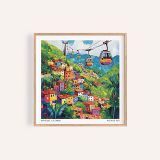 Bright hillside view in Colombia wall art with Medellín cable cars and green valley