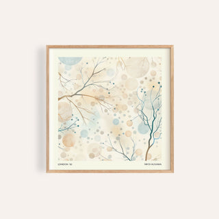 Neutral Artwork showing delicate tree branches with berries in soft beige and blue tones