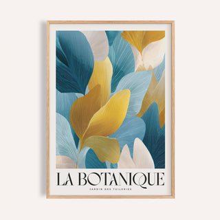 Framed print of blue and gold leaves botanical illustration with La Botanique text