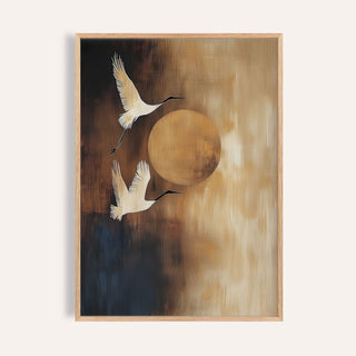 Crane birds and moon framed print with neutral tones and minimalist style