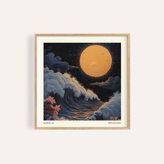Framed print of Japanese Art Pictures with a surreal full moon over stylised waves and clouds