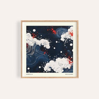 Japanese Art framed print featuring abstract white and red stylised waves on a dark blue background