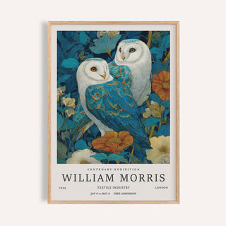 Wall Art Unique twin barn owls illustration with botanical details in blue and orange shades