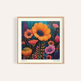 Framed print of Japanese Modern Art with orange and pink flowers in illustration style