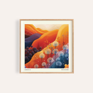 Art Print Square framed print close-up of a mountain landscape with dandelions in warm orange and blue tones