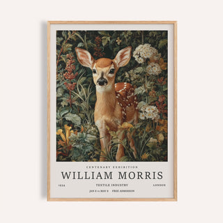 Framed forest art print of a woodland fawn amid detailed botanical illustration in earthy colours