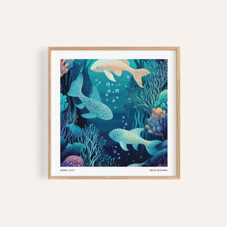 Framed wall art fish illustration with spotted fish in blue and green tones