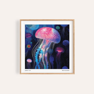 Wall Art Jellyfish framed close-up of glowing pink jellyfish illustration with blue and purple background