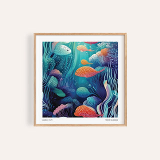 Underwater artwork of colourful spotted fish in blues and oranges in a natural wood frame