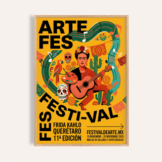 Frida Kahlo Art Print of a woman playing guitar with vibrant folk-art colours in a light wooden frame