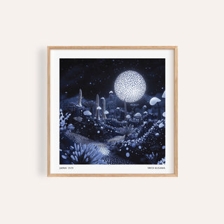 Wall Art Night Sky with surreal glowing mushrooms in blue and white shades