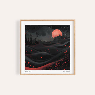 Framed Wall Moon Art showing an abstract red moon landscape with dark hills and red dots