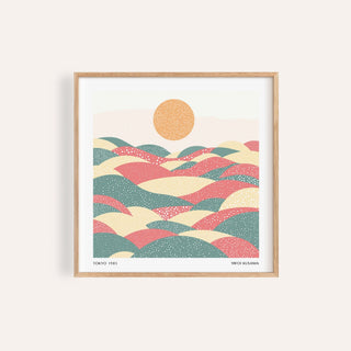 Framed Pastel Abstract Artwork of abstract hills in soft pink green and yellow with a dotted sun