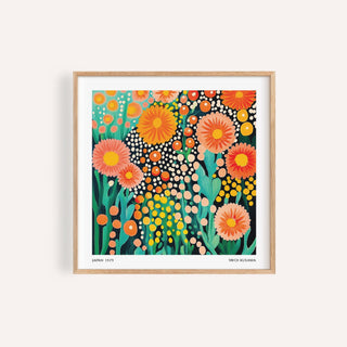 Framed Colorful Flower Art with bright orange pink flowers and green leaves on cream background