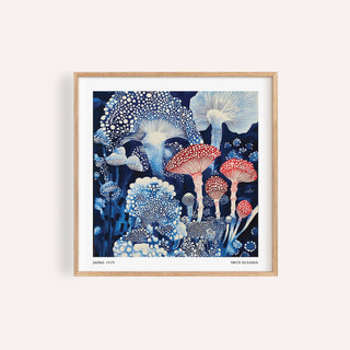 Framed Japanese Poster of blue and red toadstools mushrooms with white dots